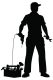 Editable vector silhouette of a repairman and his tools ready to work